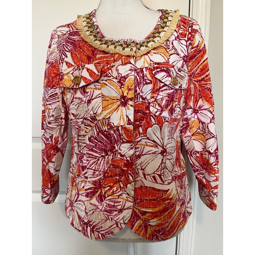 Ruby Rd Floral Beaded Jacket Womens M Multicolor Tropical Print Cotton Blend